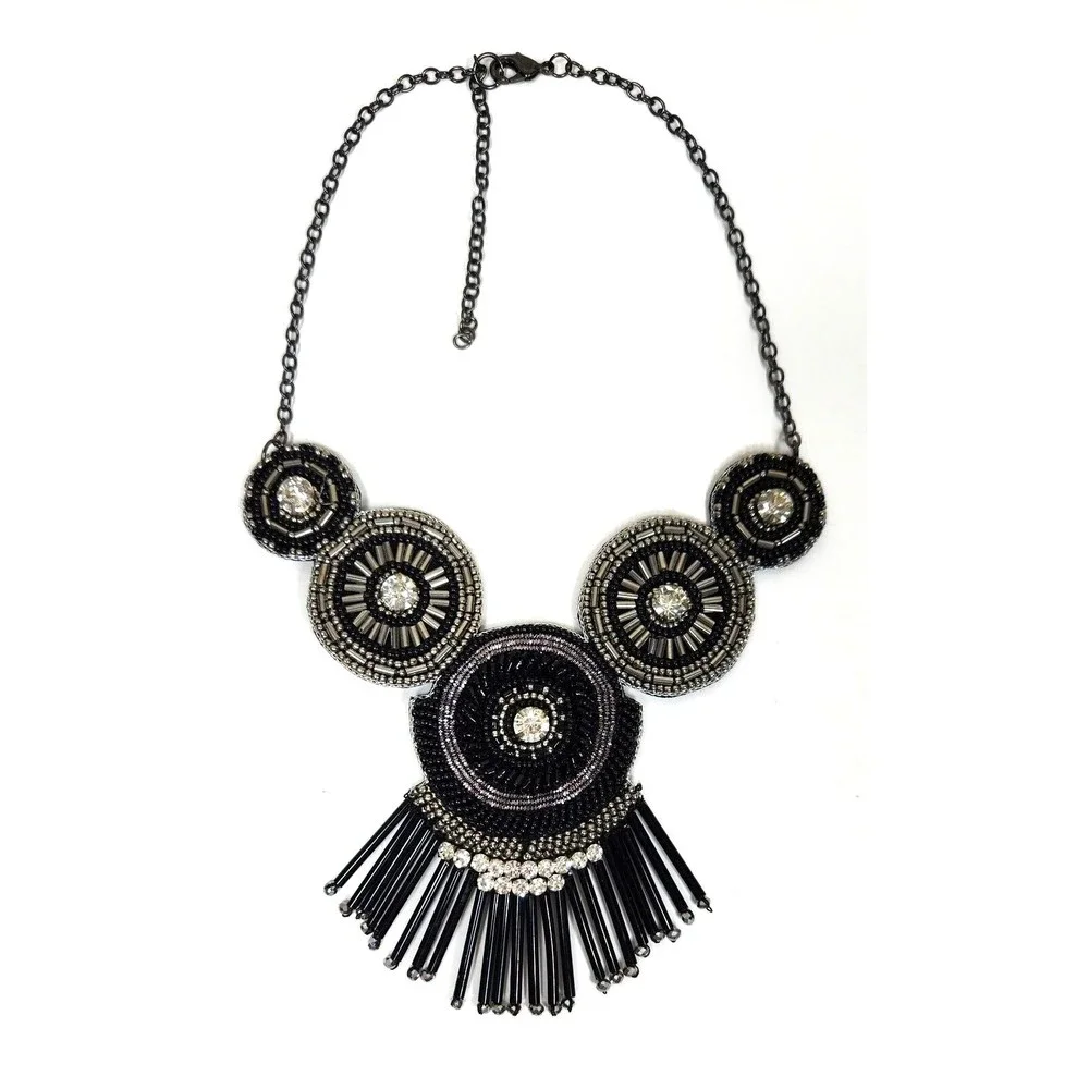 Bling Bead Medallion Bib Necklace Black Silver 19 in. Pageant Formal Glass